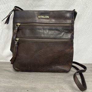 ESTALON 100% Genuine Leather Crossbody Bag Purse Distressed Dark Brown Festival‎